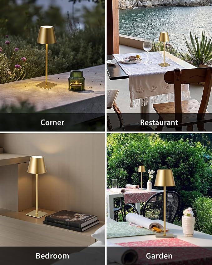 KDG 2 Pack Cordless Table Lamp, Portable LED Desk Lamps, 4000mAh Battery Operated, 3 Color Stepless Dimming Up, for Restaurant, Bedroom, Outdoor Camping, Coffee Shop, Night Light, Rechargeable (Gold)