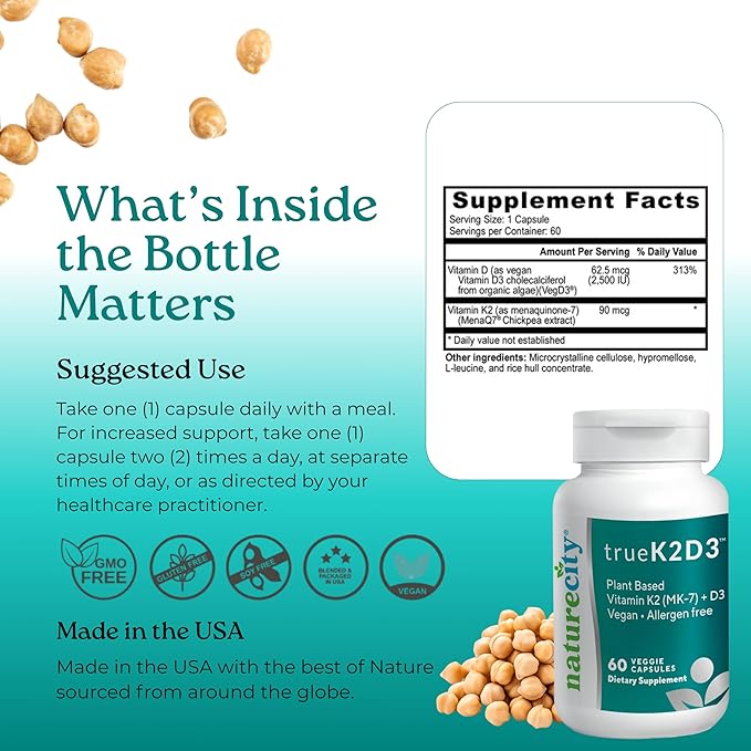 NatureCity TrueK2D3 Vitamine K2 MK7 d'origine végétale (90 mcg) et D3 issue d'algues (2 500 UI) 2 en 1 - Complément de Vitamine D3 K2 pour la santé des os, du cœur et du système immunitaire – 60 Gélules Végétales