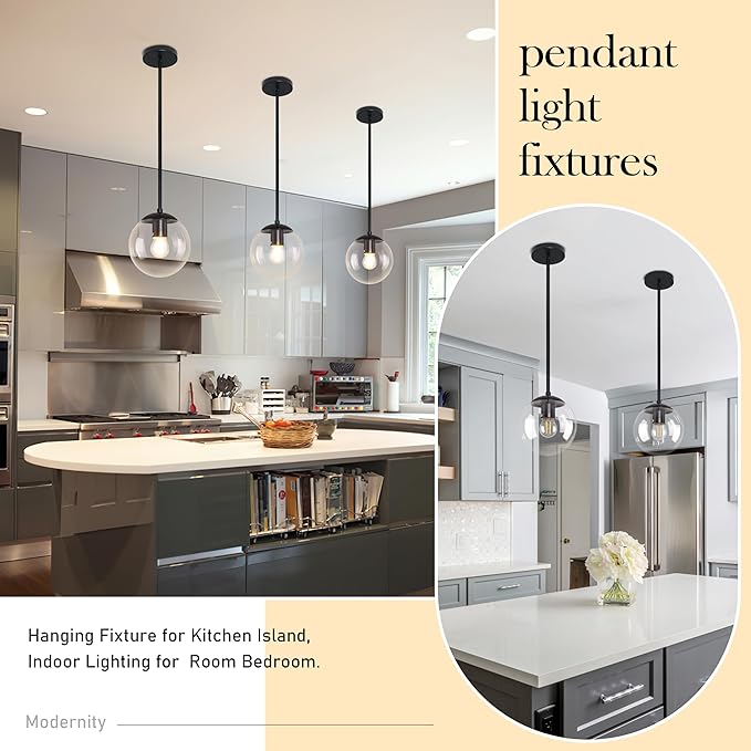 Bagood 6 Inch Globe Pendant Light Black Mid Century Pendant Light Clear Glass Pendant Lights Kitchen Island Mid Century Adjustable Hanging Farmhouse Pendant Lights Fixtures for Kitchen Island