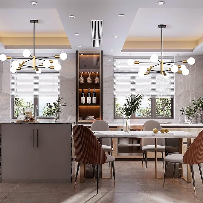 KAISITE Modern Chandelier Dining Room Light Fixture Over Table 10-Light Sputnik Chandelier Ceiling Light Fixture Height Adjustable Black and Gold Mid Century Pendant Lighting for Kitchen Living Room