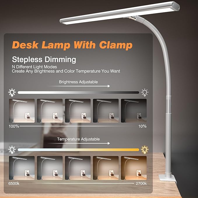 Airlonv LED Desk Lamp for Office Home, Eye-Caring Desk Light with Stepless Dimming Adjustable Flexible Gooseneck, 10W USB Adapter Desk Lamp with Clamp for Reading, Study, Workbench (White)
