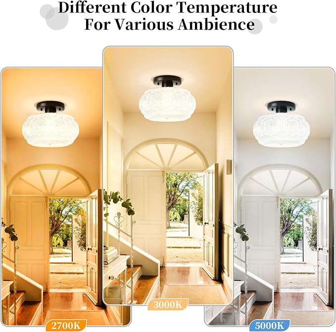 Semi Flush Mount Ceiling Light, Milk Glass Shade Modern Ceiling Light Fixture, Vintage Black Lighting for Hallway Bedroom Entryway Kitchen Porch