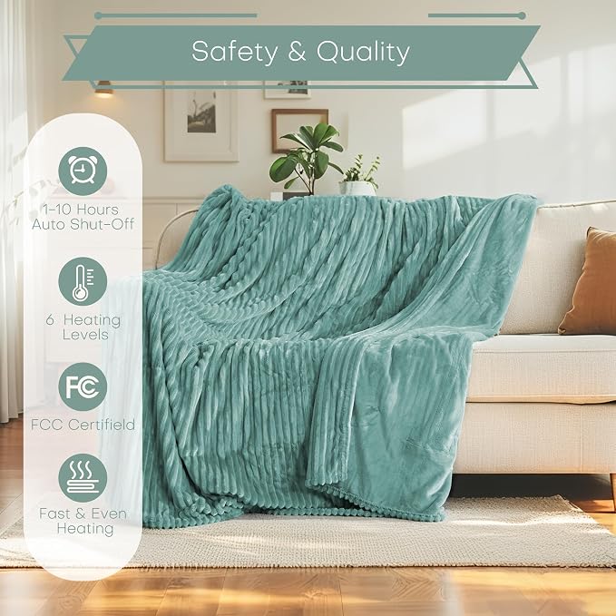 Electric Heated Blanket Twin Size 62"x84" with Cozy Flannel, 9 Heat Settings & 1-10 Hours Auto Off, Soft & Cozy Warming Throw for Home, Office, or Bed, Machine Washable, Bean Green