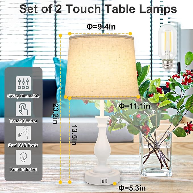 LALISU Farmhouse Table Lamp Touch Control 3-Way Dimmable Table Lamp, Modern Nightstand Lamp with 2 USB Port Bedside Desk Lamp with Fabric Shade for Living Room Bedroom Hotel (Pack 1-Off White)