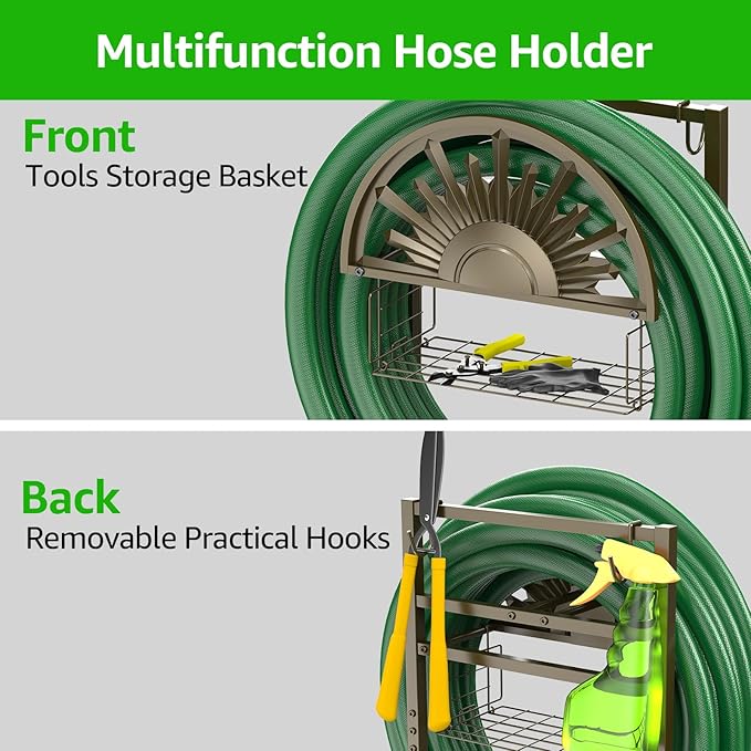 GOFORWILD Garden Hose Reel Winding Reel- Freestanding Water Hose Stand with Storage Basket, Holds 150ft of 5/8 Hose for Outside Patio Yard Lawn with 2 Hooks