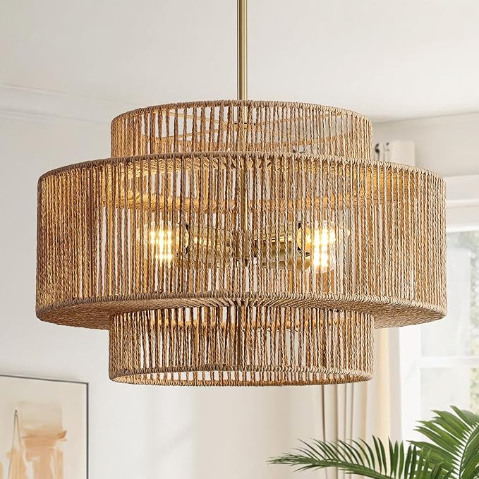 4-Light Boho Rattan Chandelier for Dining Room, 17.7” Hand Woven Farmhouse Pendant Light Fixture, Coastal Wicker Hanging Ceiling Light for Kitchen Island Living Room Bedroom Entryway Foyer