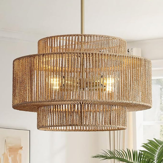 4-Light Boho Rattan Chandelier for Dining Room, 17.7” Hand Woven Farmhouse Pendant Light Fixture, Coastal Wicker Hanging Ceiling Light for Kitchen Island Living Room Bedroom Entryway Foyer