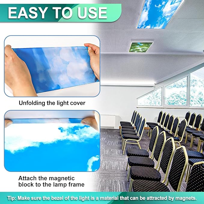 Aheroi 8 Pack Fluorescent Light Magnetic Covers, Mix Light Covers for Ceiling Lights Classroom, Office Light Covers for Ceiling Lights, Drop Lights Fixture Replacement Globes & Shades(Forest&Blue Sky)