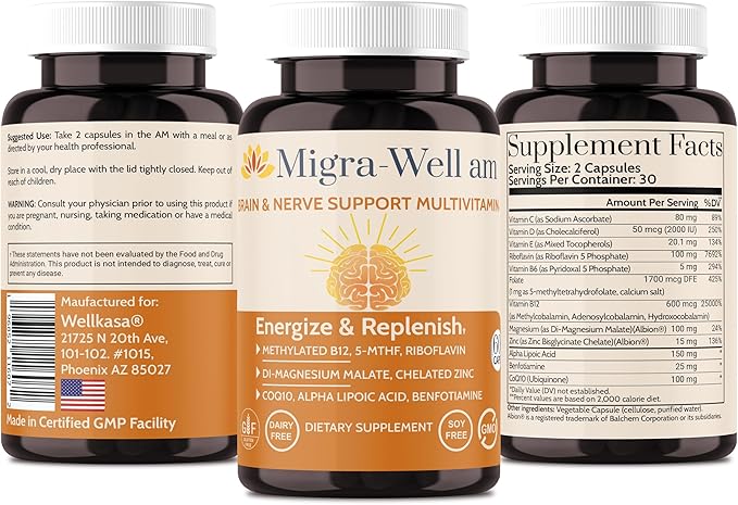 Wellkasa Migra-Well AM : Multivitamine méthylée énergisante quotidienne avec minéraux biodisponibles et antioxydants soutenant la santé du cerveau et des nerfs pour femmes et hommes - Sans fer (60 gélules)