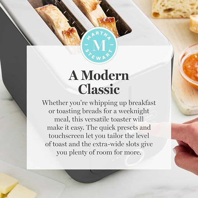 Martha Stewart 2 Slice Toaster, 10 Shade Settings with Defrost, Cancel, Bagel & Gluten-Free, Extra-Wide Self-Centering Slots for Waffles & Artisan Bread, Removable Crumb Tray, Cord Wrap, Caviar Gray