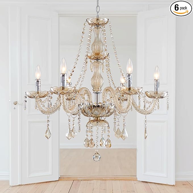 Saint Mossi 6 Light Chandelier Modern K9 Crystal Chandelier Lighting, Champagne Crystal Ceiling Light Fixture Pendant Lamp for Dining Room Bathroom Bedroom Livingroom