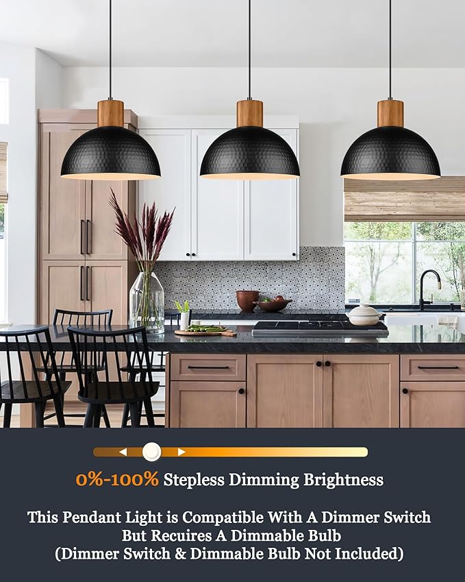ELYONA 12" Hammered Metal Pendant Light, Rubber Wood Dome Hanging Lamp, Modern Pendant Light Fixtures for Kitchen Island, Bar, Farmhouse Dining Room, Bedroom, Hallway - Black