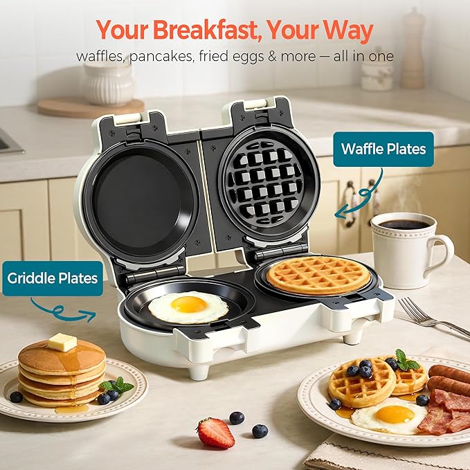 2-in-1 Double Waffle & Pancake Maker - CACHOO Mini 4" Nonstick Waffle Iron & Small Round Griddle with 4 Removable Plate Sets, Dishwasher Safe, Perfect for Small Spaces, Apartments & Dorms, Beige