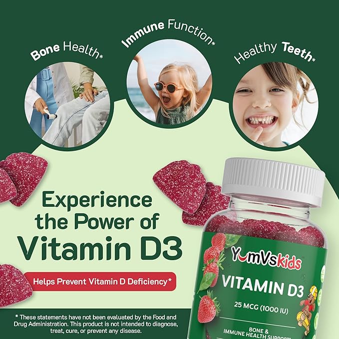 Gummies Vitamine D à croquer YUM-V pour enfants - Vitamine D 1000 UI - Gummies Vitamine D3 - Compléments alimentaires Vitamine D3 pour enfants - Vitamine D3 1000 UI pour enfants - Soutien de la santé osseuse et du système immunitaire (60 unités)