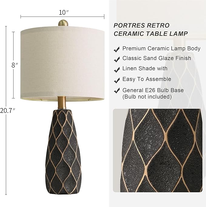 20.75" Small Table Lamps for Living Room Bedroom Lamps Set of 2 Ceramic Modern Boho Bedside Lamps Night Stands Farmhouse Vintage Nightstand Lamp Reading Light Home Office Dorm Desk Deco Gifts, Black