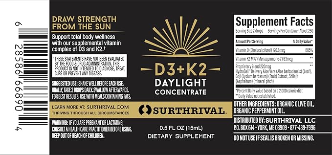 Surthrival：ビタミンD3＋K2デイライト濃縮液（別名：サンシャインビタミン）、0.5オンス、約270食分、免疫、心臓血管、骨の健康をサポート