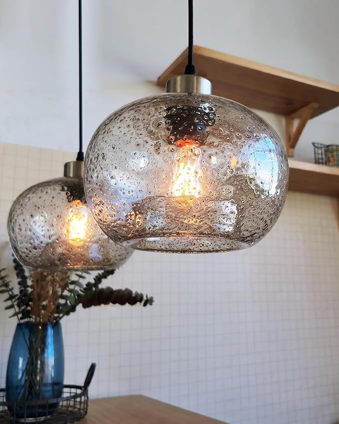 CASAMOTION Hand Blown Clear Glass Pendant Lights with Black Marble, Modern Rustic Kitchen Island Ceiling Hanging Light Fixtures for Dining Room Table Bedroom, Oval Globe 8.7 Inch Diameter, 2 Pack