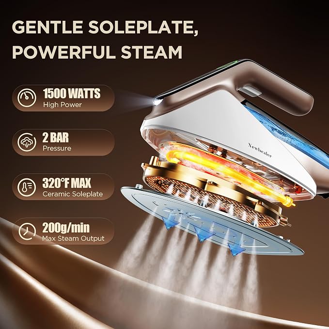 Newbealer Steam Generator Iron, 1500W Turbo Steamer for Clothes (Gold) | 2 Bar Steam Pressure Clothes Iron, 4 Steam & 4 Dry Heat Modes, Fast Heat-Up, 350ml Detachable Tank, Auto-Off, Self-Cleaning