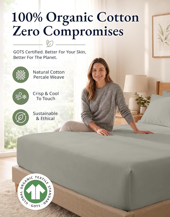 LANE LINEN Twin XL Fitted Sheet, 100% Organic Cotton 2-Piece Set (1 Fitted Sheet, 1 Pillowcase), Percale Weave, Bottom Sheet, Soft, Breathable, Fits Mattress Upto 15" Deep - Silver (No Flat Sheet)