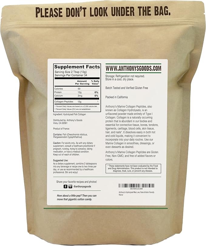 Anthony's Hydrolyzed Marine Collagen Peptides, 1 lb, Gluten-Free, Paleo and Keto Friendly, Unflavored