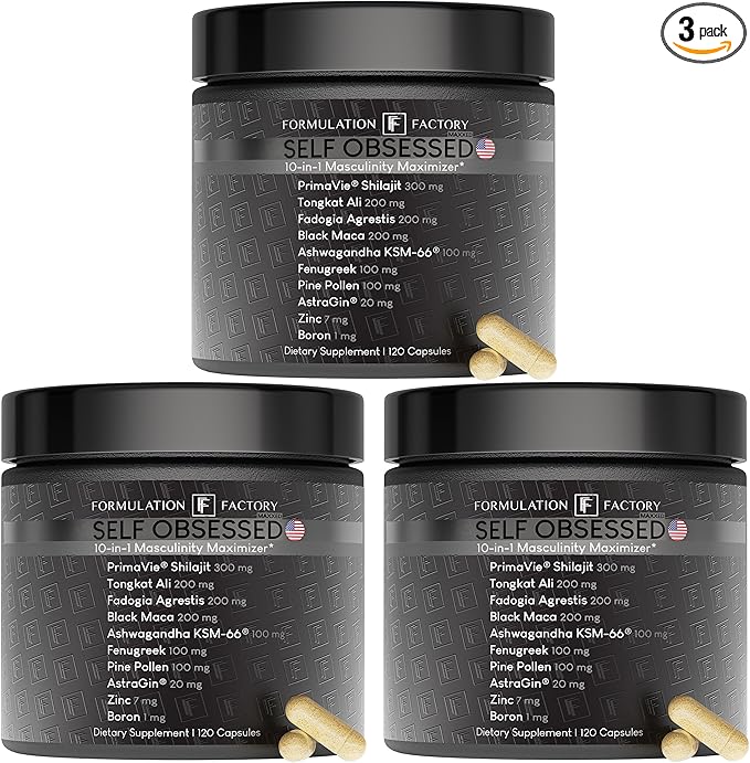 Formulation Factory Self Obsessed Maxxed Male Support - PrimaVie Shilajit, KSM-66 Ashwagandha & 200:1 Tongkat Ali Extract - Advanced Vitality & Drive Complex - 360 Capsules, 6 Month Supply