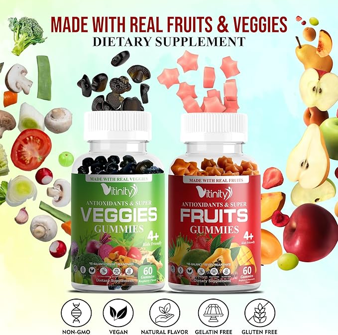 VITINITY リアルフルーツ＆リアルベジタブルグミ - 女性、男性、子供向けスーパーフード野菜ビタミンサプリメント - 毎日の健康のためのフルーツとグリーンブレンド。フルーツ＆野菜サプリメント（30日分）