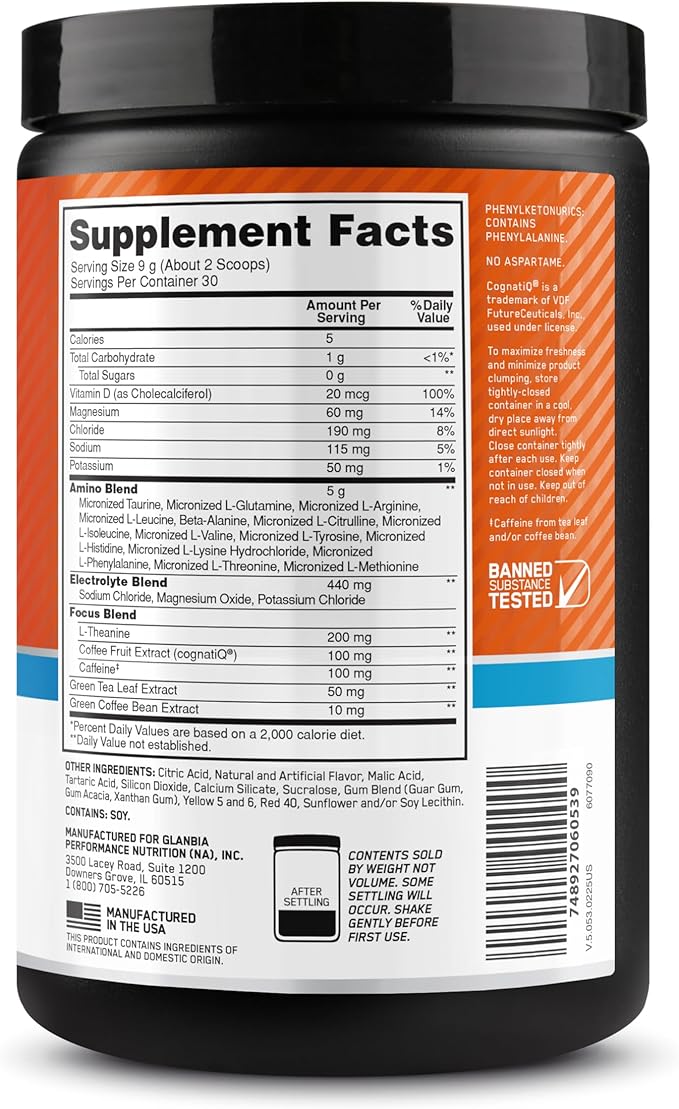 Optimum Nutrition Amino Energy Powder Plus Hydration, with BCAA, Electrolytes, and Caffeine, Tangerine Wave, 30 Servings (Packaging May Vary) (Pack of 6)