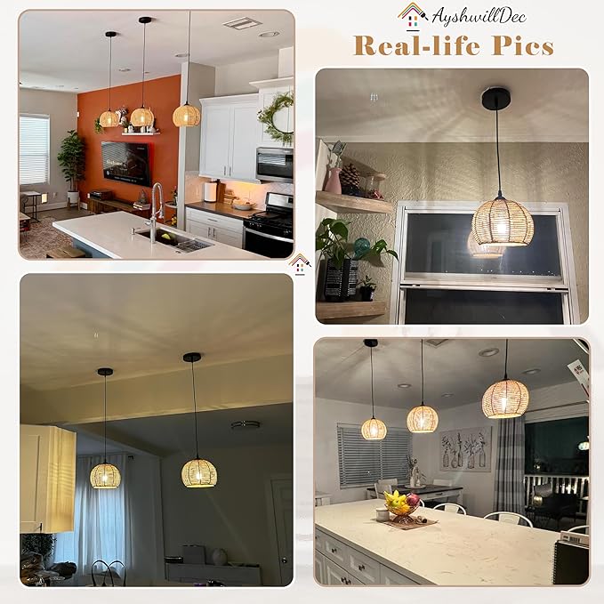 Mini Hemp Rope Woven Pendant Light Woven Light Fixture Boho Chandelier Light Fixture Wicker Pendant Light Rattan Light Pendant Dome Wicker Chandelier for Bedroom Kitchen Island(Bulb Incl.)