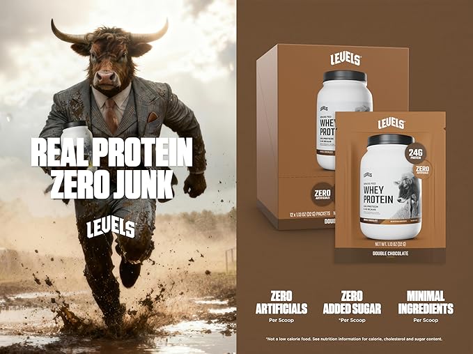 Levels Grass Fed Whey Protein Powder, No Artificials, 24G of Protein, Double Chocolate, 12 Count