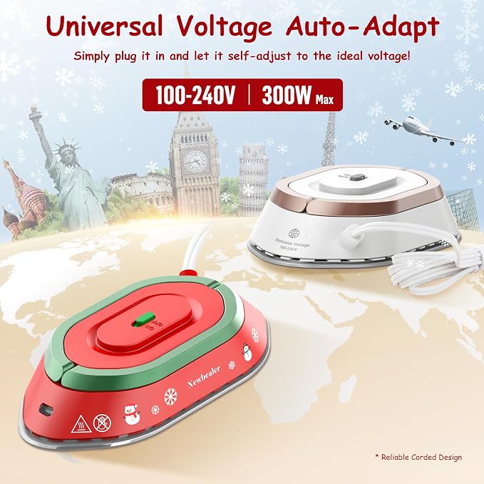 Newbealer Travel Iron Set, 100-240V Mini Dry Iron for Clothes (No Steam) | Max 300W, Heats in 60s, 302℉ Ceramic Soleplate, Handy Heat Press, 0.8lbs Lightweight for Quick Touch-ups, Classic Red w/ Case