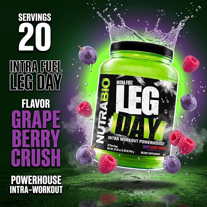 NutraBio Leg Day Intra Workout Powder – Advanced Carb Supplement with Cluster Dextrin & Electrolytes – Carb Powder with EAAs/BCAAs – Cyclic Dextrin for Performance – Grape Berry, 20 Servings
