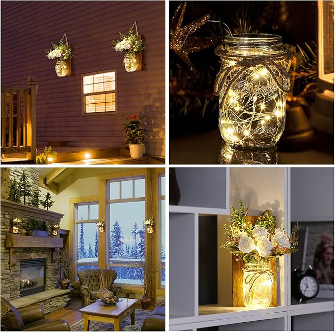 Lightess Wall Decor Mason Jar Sconces with Remote Control, Rustic Home Decor LED Fairy Lights with White Rose, Farmhouse Wall Decorations Lights Set of Two for Dining Room Living Room