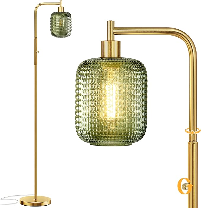 QiMH Floor Lamps for Living Room, Gold Standing lamp with Green Glass Lamp Shade, 67" Tall lamp with Rotary Switch, Dimmable Floor Lamp for Bedroom Office, 2700K Bulb Included