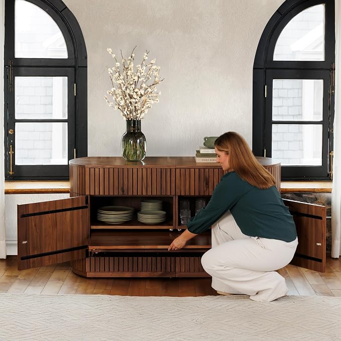 Transformer Table Round Sideboard Buffet Cabinet, Royal Brown | Hidden Drawers, Solid Wood, Integrated Table Panel Storage, Modern Dining Room