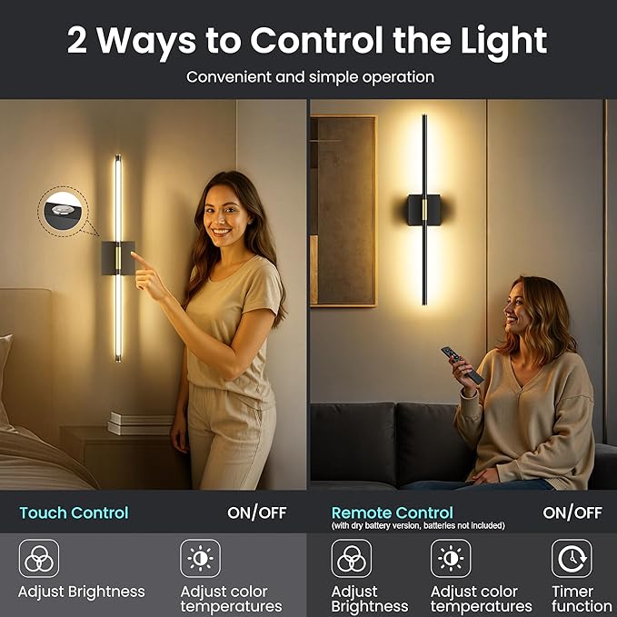 Battery Operated Wall Sconces Set of Two, 10000mAh Rechargeable Wall Lights with Remote Control, 360° Rotate Dimmable Black Gold LED Cordless Lighting for Bedroom, Living Room, Hallway, 29 Inch, 3CCT