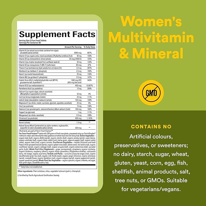 Natural Factors Whole Earth & Sea Multivitamine et minéraux pour femmes, supplément alimentaire complet, végétalien, 120 comprimés