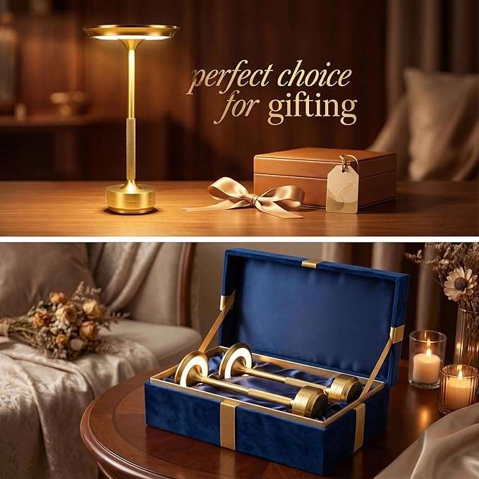 Rechargeable Cordless Table Lamp Set of 2, Portable Battery Operated LED Table Light, 3 Color Stepless Dimming with Touch Sensor & Memory Function for Outdoor Camping Patio café Restaurant Bars, Gold