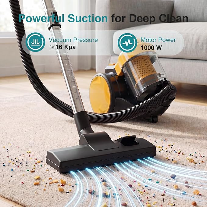 OLIXIS Canister Vacuum Cleaner for Home, Lightweight Portable Vacuum Cleaners with Automatic Retractable Cord, Bagless Canister with Washable HEPA Filter for Hardwood Floor & Carpet, Yellow