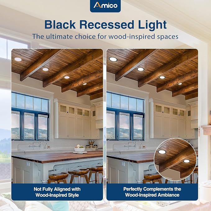 Amico 12 Pack 6 Inch 5CCT Ultra-Thin LED Recessed Ceiling Light with J-Box, 2700K/3000K/3500K/4000K/5000K Selectable, 12W Eqv 110W, Dimmable Canless Downlight, 1050LM High Brightness, Black - ETL