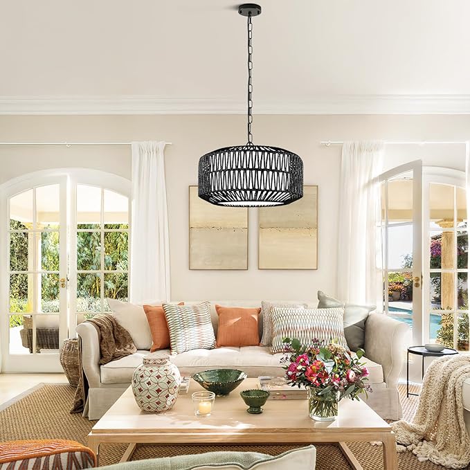 9"-52" Height Adjustable Farmhouse Chandelier Light Fixture, 5-Light Rattan Boho Chandeliers for Dining Room, Hand Woven Pendant Light with Linen Shade, Rustic Hanging Lighting for Kitchen Island
