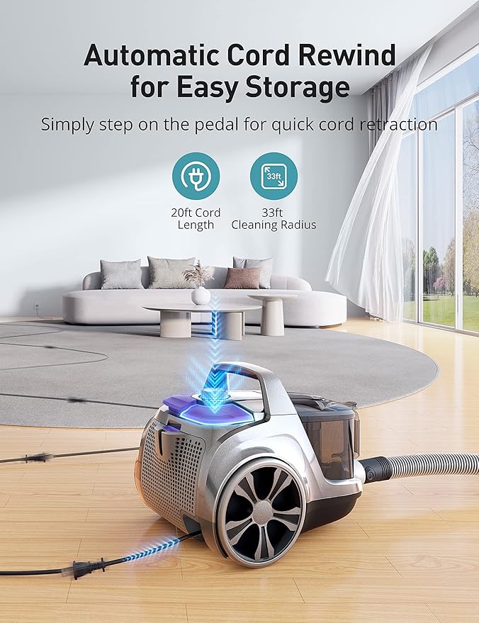 Aspiron Canister Vacuum Cleaner, 40Kpa Bagless Vacuum Cleaners, 4QT Large Dust Cup, Double HEPA Filter, Retractable Cord, 1600W Lightweight Vacuum Cleaner with 5 Tools for Hard Floors, Pearl