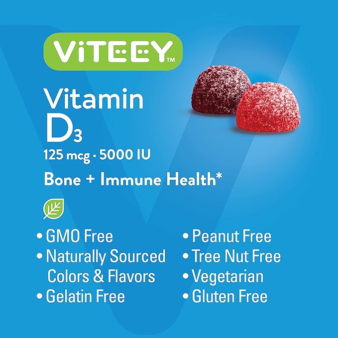 Viteey Vitamine D3 Gummies pour adultes et adolescents - 5 000 UI, 125 mcg, Ultra Force - Santé articulaire et musculaire, Renforce l'immunité - Gummies de vitamine D à croquer - Végétarien, sans gélatine - Saveur de baies savoureuse