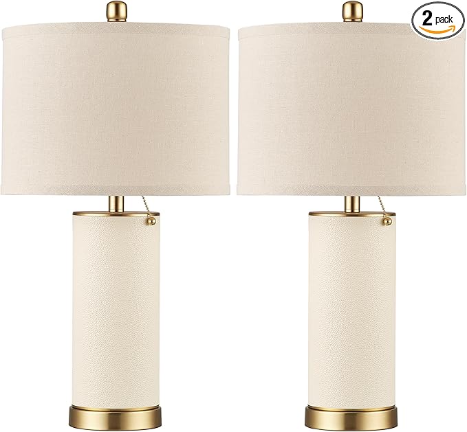 KDG 23.4" White PU Leather Table Lamps for Living Room Set of 2, E26 Socket LED Modern Home Decor Fabric Lampshade Desk Lamp Lighitng for Bedroom, Bedside, Farmhouse, Nightstand, Night Light