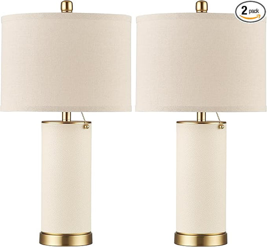 KDG 23.4" White PU Leather Table Lamps for Living Room Set of 2, E26 Socket LED Modern Home Decor Fabric Lampshade Desk Lamp Lighitng for Bedroom, Bedside, Farmhouse, Nightstand, Night Light