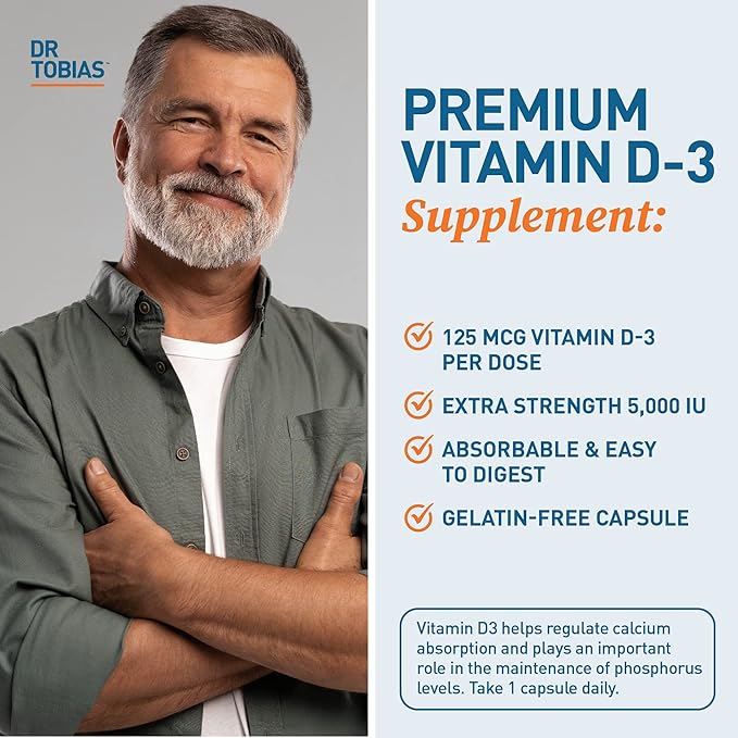 Dr. Tobias Vitamine D3 5000 UI, Essentielle pour des os, des dents et un système immunitaire sains, Supplément de Vitamine D Extra Fort, Sans OGM, 90 Capsules, 90 Portions