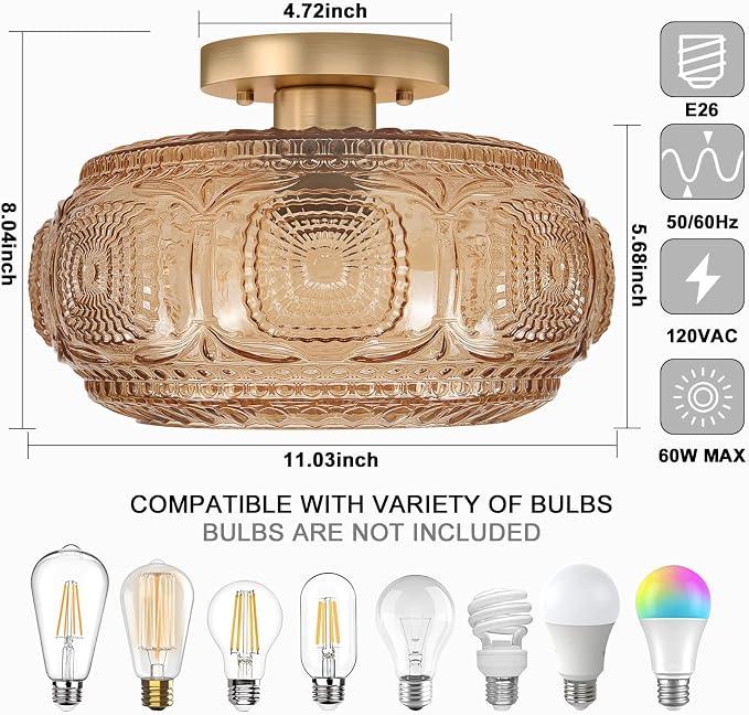 11 in Vintage Mid Century Semi Flush Mount Ceiling Light | Amber Globe Glass Ceiling Light Fixture, Art Deco Lighting fixtures Ceiling for Hallway Porch Bedroom, Bulb Not Included