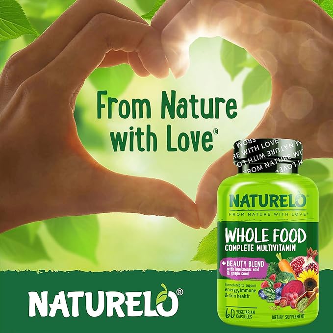 NATURELO Multivitamine Aliment Complet avec Soutien Supplémentaire Cheveux, Peau et Ongles - Mélange Beauté avec Acide Hyaluronique et Pépins de Raisin - Biotine, Vitamine C et Glutathion Haute Puissance - 60 Gélules Végétaliennes