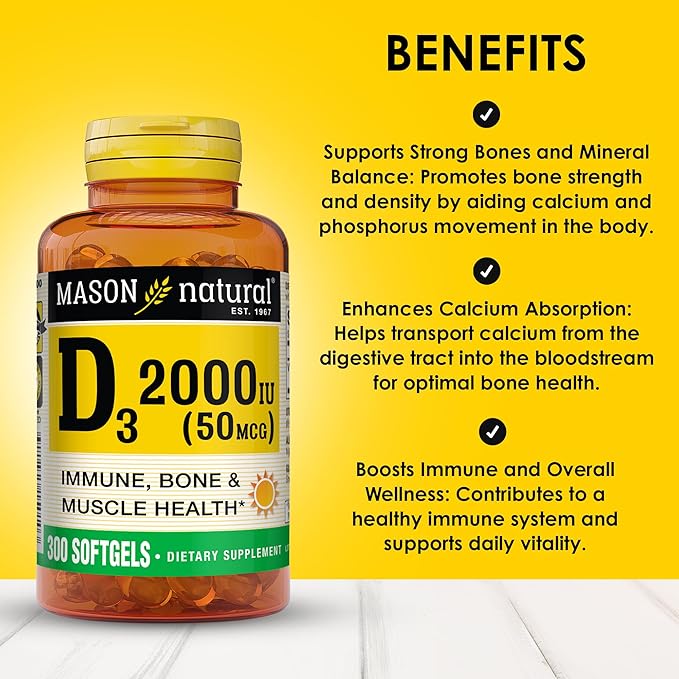 MASON NATURAL Vitamine D3 2 000 UI Ultra Résistance, Favorise la Densité Osseuse, la Force et la Santé Immunitaire, 300 Gélules