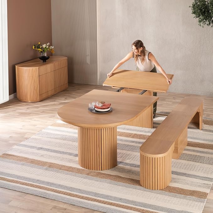 Transformer Table - Solid Wood Extendable Round Dining Table Set with Bench and Sideboard Storage, Seats 4-10, Expandable Round Dining Set, Natural (Table + Bench + Sideboard)
