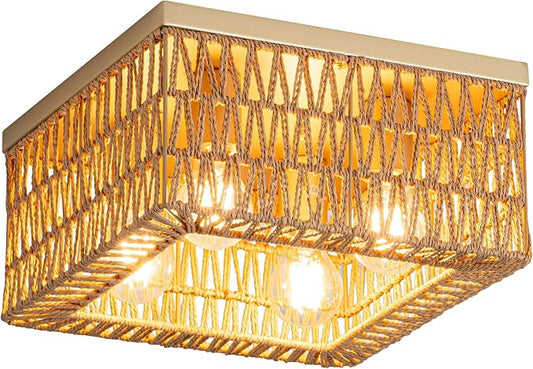 Rpzloila Rattan Ceiling Light, 4-Light Boho Light Fixture, Square Flush Mount Ceiling Light for Bedroom, Hallway, Entryway, Kitchen, Living Room